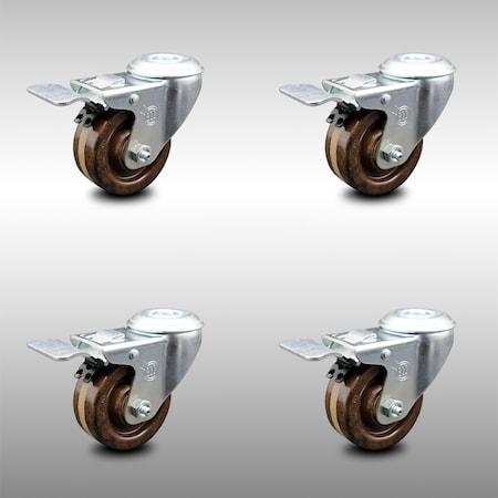 Service Caster 3 Inch SS High Temp Phenolic Swivel Bolt Hole Caster Set with Total Lock Brake SCC-SSBHTTL20S314-PHSHT-4
